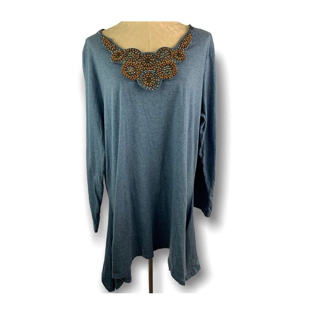 2X‎ Diana Gilman Shirt Ladies Heather Blue Tunic Plus Size Detachable Bib